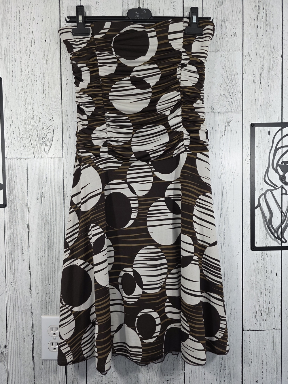 Costa Blanca Brown Abstract Circle Print Ruched Strapless Dress Size M Y2K Style